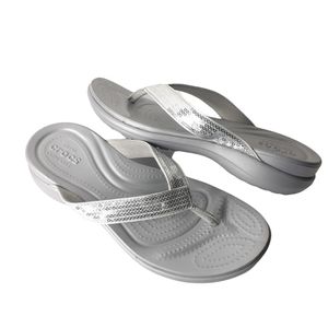 CROCS | Shoes | Crocs Capri V Sequin Flip Flops Sandals Size 7 Silver |  Poshmark